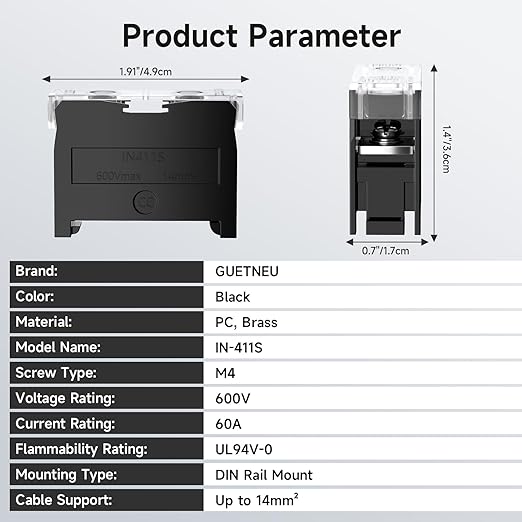 4Pcs DIN Rail Terminal Blocks with Cover, IN-411S 600V 60A Electrical Connection Terminals, 8Pcs 14-12 AWG Insulated Fork Spade Wire Connectors & 3.15 Inch DIN Rail Included