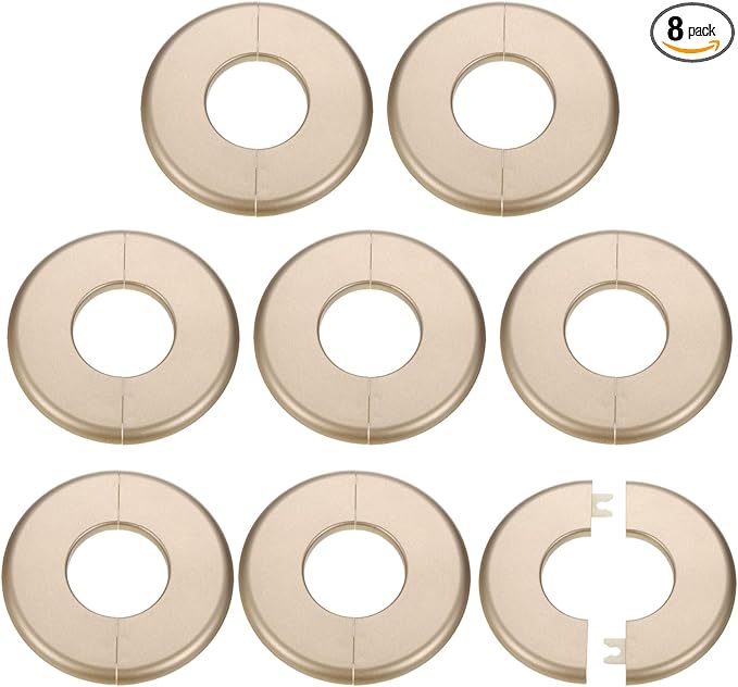 HARFINGTON 8pcs Wall Split Flange 44mm/1.7" Self-Adhesive Plumbing Cover Plates ABS Plastic Round Escutcheon Plate Buckle Design for Water Pipe Bathroom Kitchen Decoration, Gold Tone