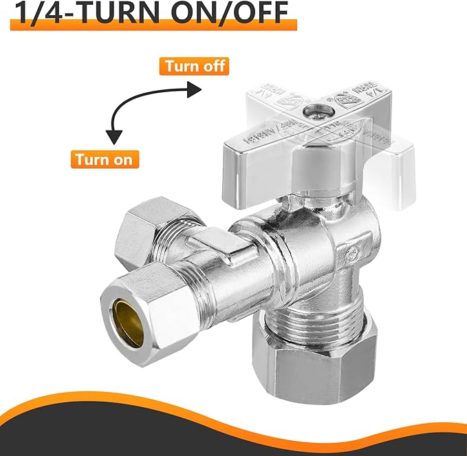 50-PCs HeSun Quarter-Turn Compression Angle Valve, 1/2" Nominal (5/8"OD) x 3/8" OD x 3/8" OD, Dual Compression Outlet Shut Off Valve, Chrome Plated Brass(VALVE206-50)