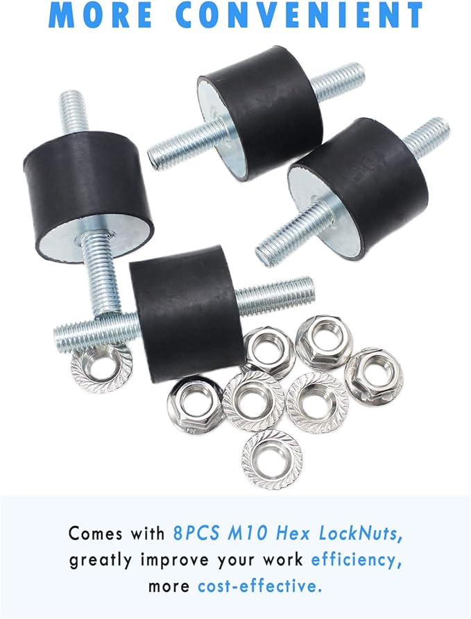 M10 Rubber Studs Shock Absorber Anti-Vibration Isolator Mounts, Rubber Cylindrical Vibration Isolation Mount, for Air Compressors Garage Motor Diesel Engines with Non-Slip Nuts, 4 Pack Double Stud
