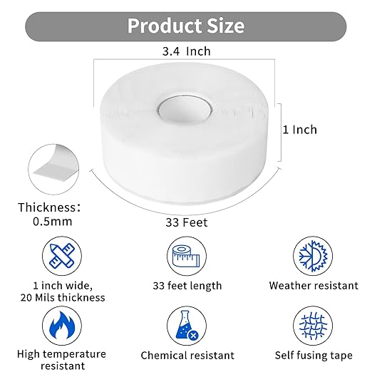 Self Fusing Silicone Tape Waterproof, Rescue Tape, 1" x 36 Feet White, Self Amalgamating Tape, Silicone Rubber for Sealing Pipes, Hose Repair, Outdoor Coax and Electrical Cables
