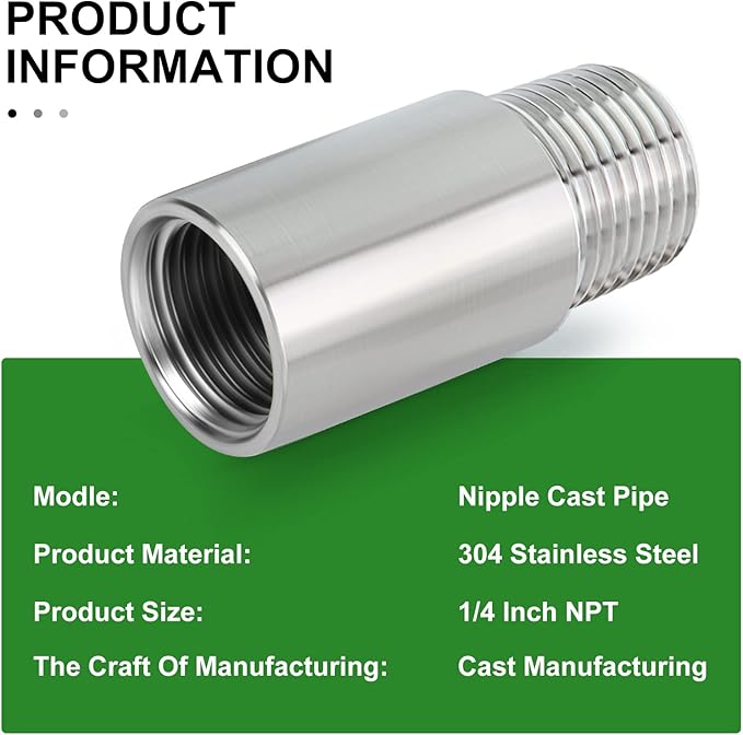 TAISHER 4PCS Stainless Steel Pipe Fittings, 1/4" NPT Male x 1/4" NPT Female Threaded, 2" Length Nipple Cast Pipe
