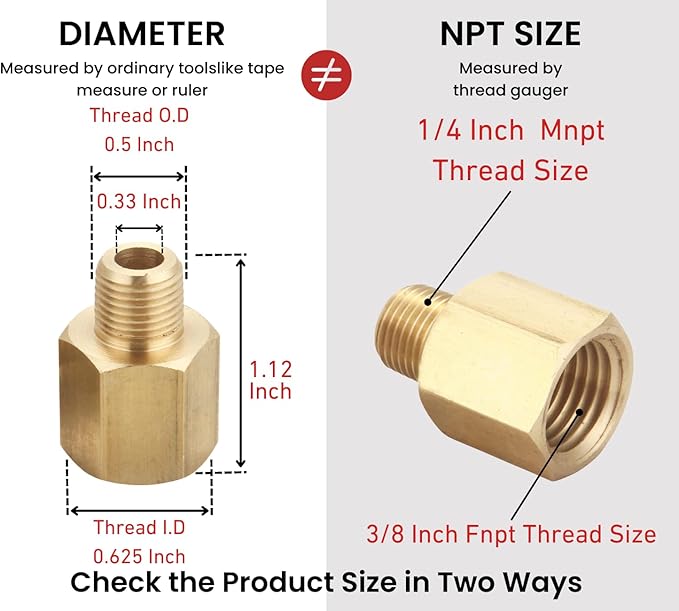 Brass Bushing Nipple, Reducing Nipple, Reducer Adapter, 1/4 Inch NPT x 3/8 Inch NPT Pipe, (6 Piece), Brass Extension Connectors, 0.625" OD × 0.5" ID