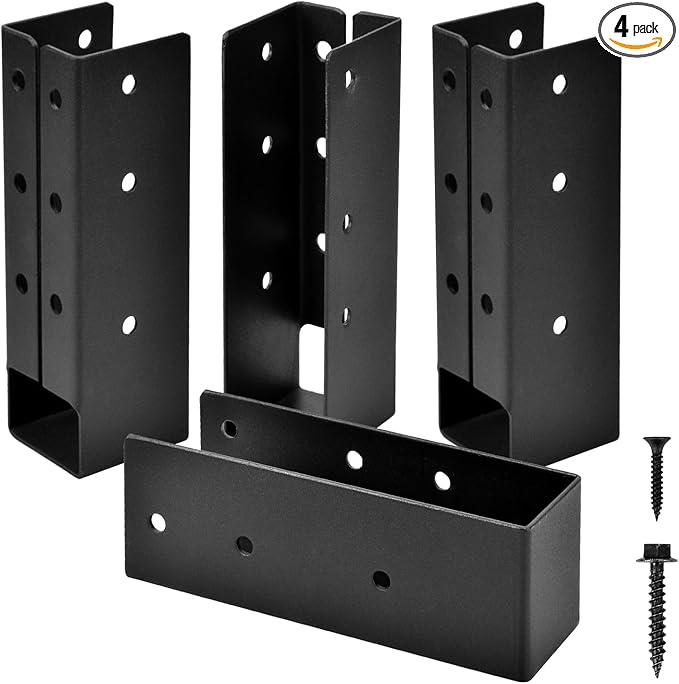 4 Pcs Upgraded Concealed Beam Hangers, 2"x4" Outdoor Concealed Flange, Q235B Steel Frame Bracket, Railing Bracket for Beam, Swing, Handrail, Fence 2"x4" (Black)