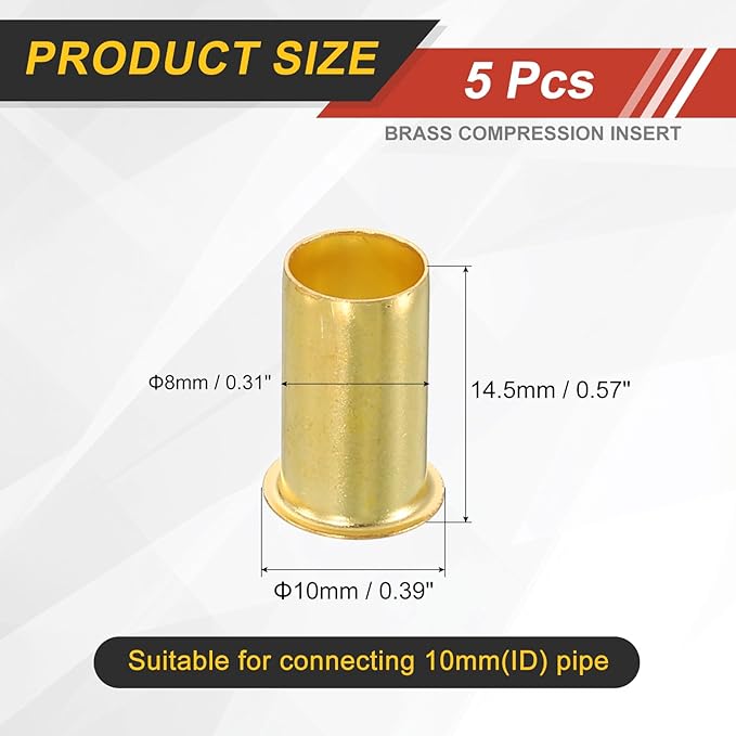 uxcell 5Pcs Fit for 8mm(5/16") Tube ID Brass Compression Fitting, Insert Tube Support Compression Sleeve Fitting, Sleeve Ferrules for Water Oil Air Pipe
