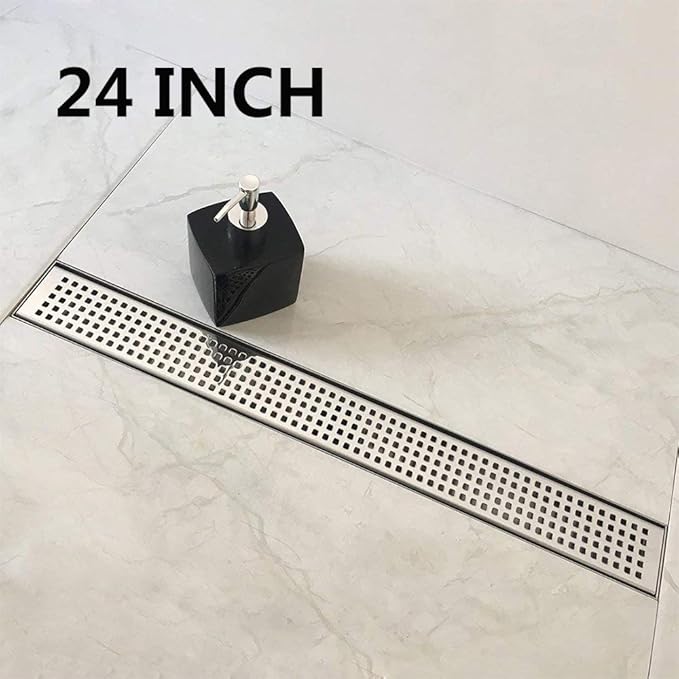 Neodrain Chrome 24-Inch Linear Shower Drain with Removable Quadrato Pattern Grate, Polished 304 Stainless Steel Rectangular Shower Floor Drain,with Leveling Feet, Hair Strainer