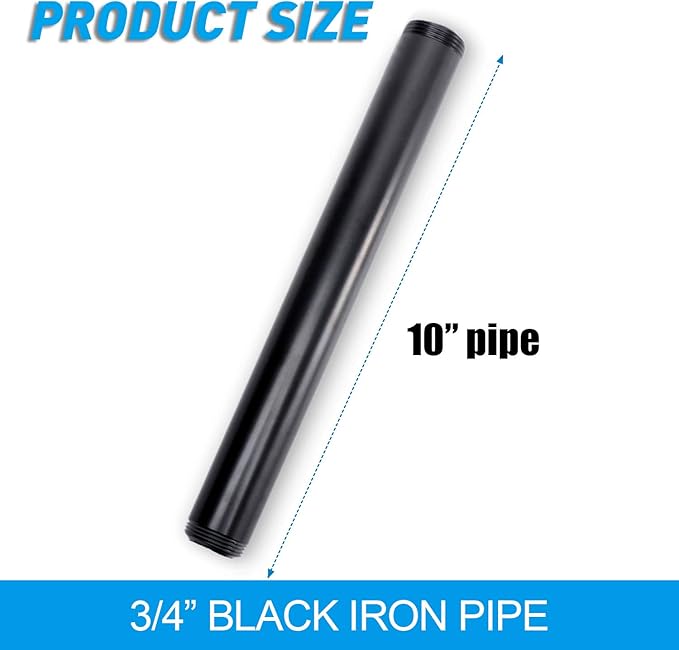 3/4" x 10" Black Painted Iron Pipe, Home TZH 10 Pack Threaded Black Paint Finish Metal Pipe Nipple for DIY Project/Furniture/Shelving Decoration(10, 10")