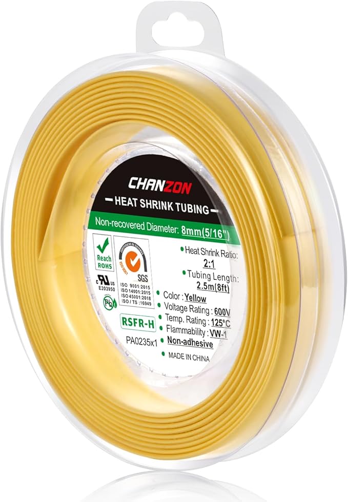 Chanzon 2:1 Ratio 5/16" (8mm) Heat Shrink Tubing 8Ft Roll (2.5M Total Length) Yellow Polyolefin Sleeving Wrap Shrinking 2 to 1 1pcs