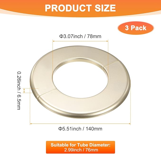 3-Pack Wall Split Flange, ABS Round Self-Adhesive Escutcheon Plate Cover Buckle for 76mm/2.99 in Dia Pipe Accessories/Floor/Ceiling, Plumbing Cover Plates [Gold,6.5mm/0.26in H]