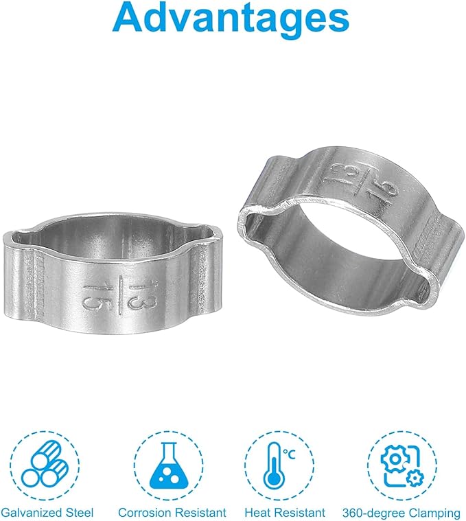 PATIKIL 25 Pack 13-15mm Double Ear Hose Clamp, 304 Stainless Steel O Clip Crimp Rings for Fuel Petrol Pipe Tube Fitting Connections, Silver Tone