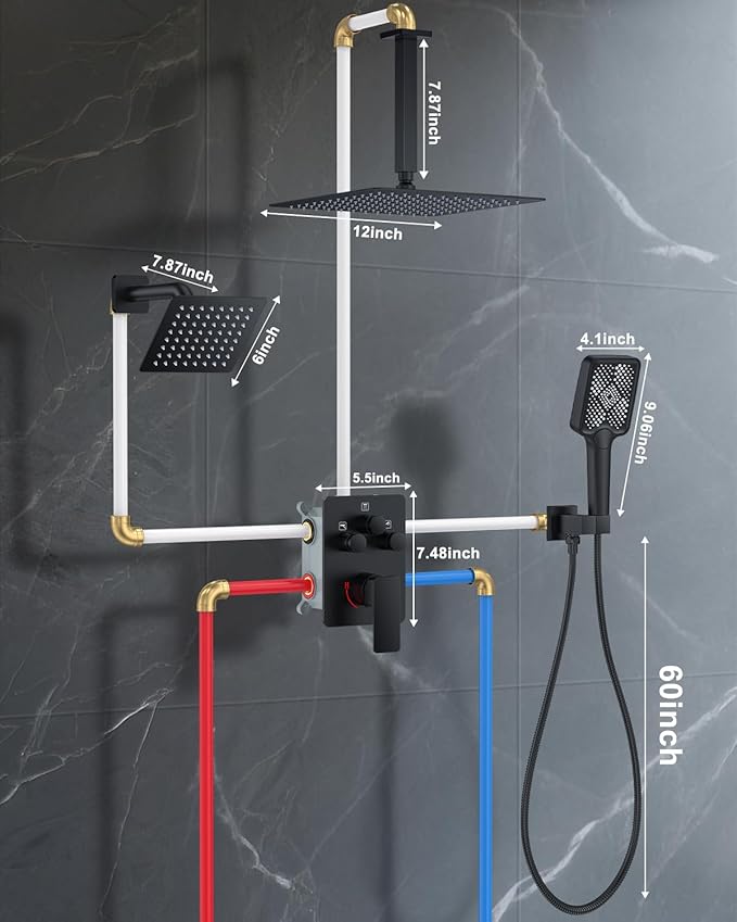 Shower System with Pressure Balance Valve, 12" Ceiling Mount Shower Faucet Set with 2 Rain Shower Head And Multi-function Handheld Head Push Button Diverter Pressure Balancing Valve Kit, Matte Black