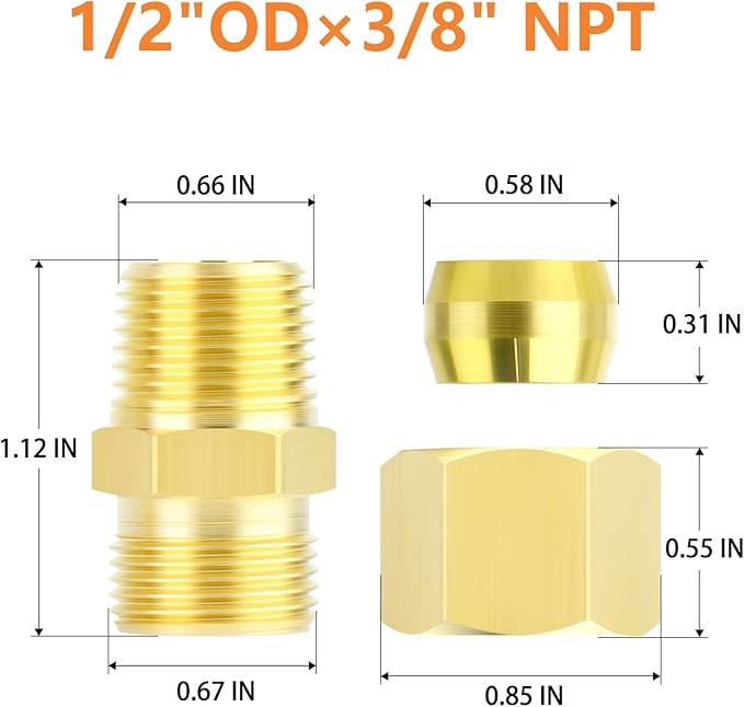 GASHER 5PCS Brass Compression Tube Pipe Fitting Connector, Straight Coupling Adapter 1/2" Tube OD x 3/8" NPT Male Connector