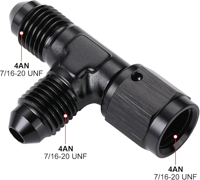 4AN Male Flare Tee T Fitting Adapter with AN4 Female Swivel On Run Aluminum Black