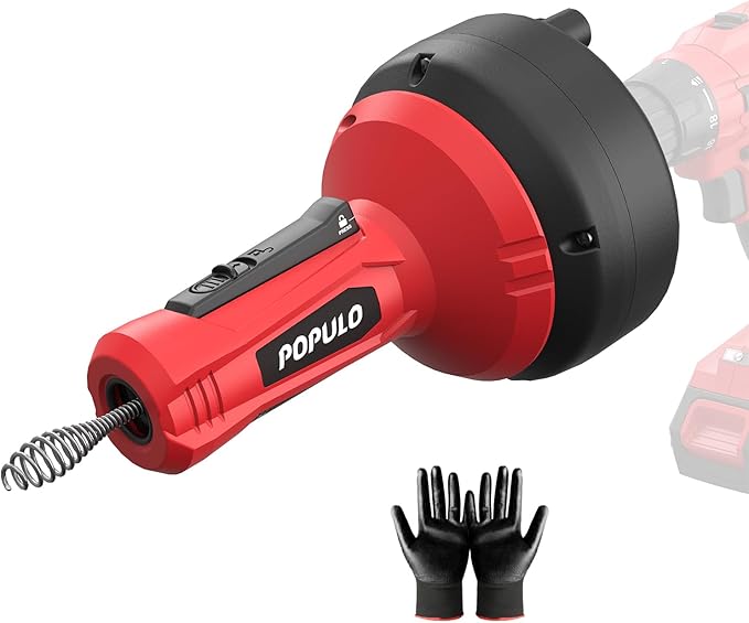 POPULO Drain Auger, Auto Feed Plumbing Snake Clog Remover for Unclog Sink Drain 3/4"-2" Pipe, Snake Hair Drain Clog Remover Cleaner Tools Manually or Powered for Shower, Bathtub, Kitchen, Sink