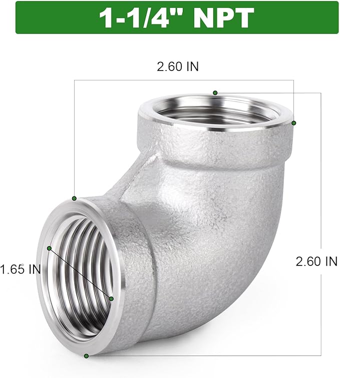 TAISHER 2PCS 304 Stainless Steel 90 Degree elbow,1-1/4" NPT Female Pipe to 1-1/4" NPT Female 304 Stainless Steel Pipe Fitting