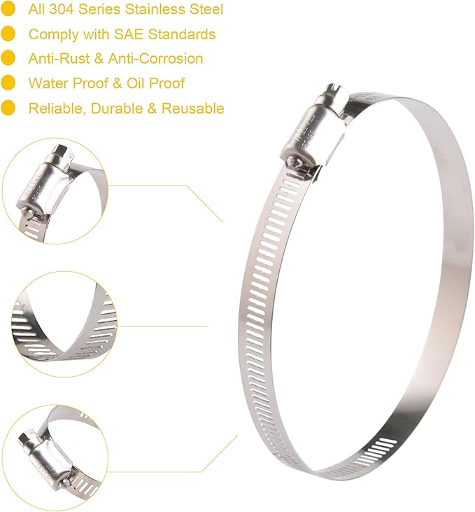 WINL Stainless Steel 4 Inch Hose Clamps- 8PK SAE 72 Worm Gear Drive Hose Clamps 3 Inch-5 Inch (76-127mm) for Automotive Plumbing, 3 1/2’, 3.5'', 3 3/4’’, 4'', 4 1/2’’, 4.5'', 4 3/4''
