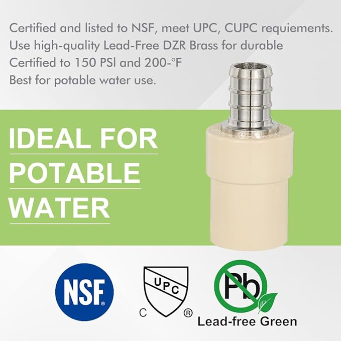12 Pack 1/2" Pex x 1/2" CPVC Transition Adapter Heavy Duty Brass Barb PEX Fittings for for PEX-B and cPVC Pipe Connection,Lead-Free Brass NSF/ANSI 61 NSF 372 Certificate, ASTM F1807