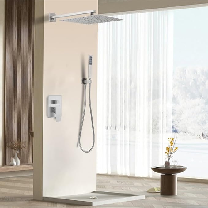 Brushed Nickel Shower System 16 Inch Bathroom Luxury Rain Mixer Shower Combo Set Wall Mounted Rainfall Shower Head and Handheld System Shower Faucet Set Rough-in Valve Body and Trim Kit