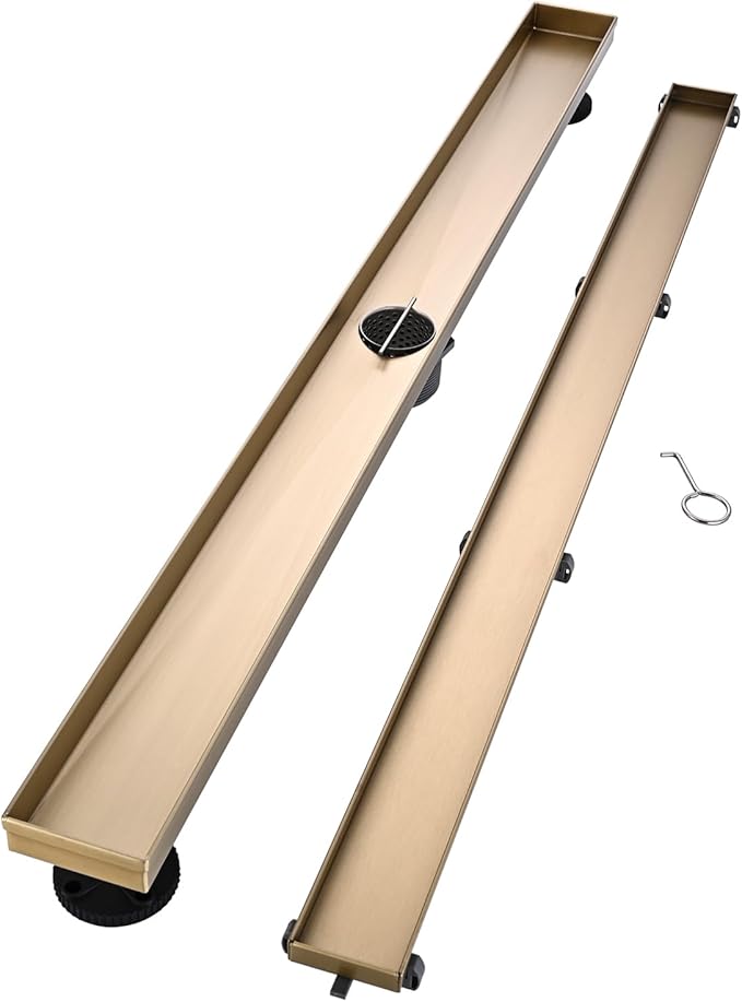 Linear Shower Floor Drain, Brushed Gold 40 Inch 304 Stainless Steel Bathroom Drains Kit, Rectangular Shower Trench Drain with Reversable Tile-in Pattern Drain Cover & Hair Catcher