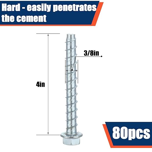 Tandefio 80 Pack 3/8" x 4" Concrete Screw Anchor Galvanized Large Diameter Heavy Duty Plated Concrete Anchors for Masonry Brick Anchoring Block Decking Framing Hex Drive