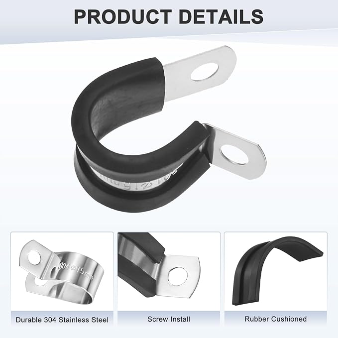 6-Pack Cable Clamps, 19/32 Inch/ 15 mm 304 Stainless Steel Rubber Cushioned Insulated Cable Clamp R Shape Metal Holder for Tube/Wire/Pipe/Loop Installation