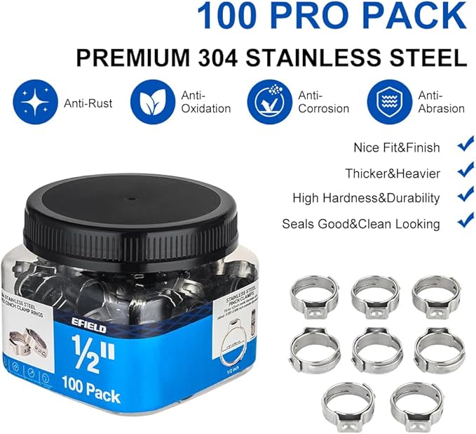 100-Pack EFIELD 1/2-inch Stainless Steel Pex Cinch Clamp Rings for Pex Tubing Pipes,(CLAMP017)