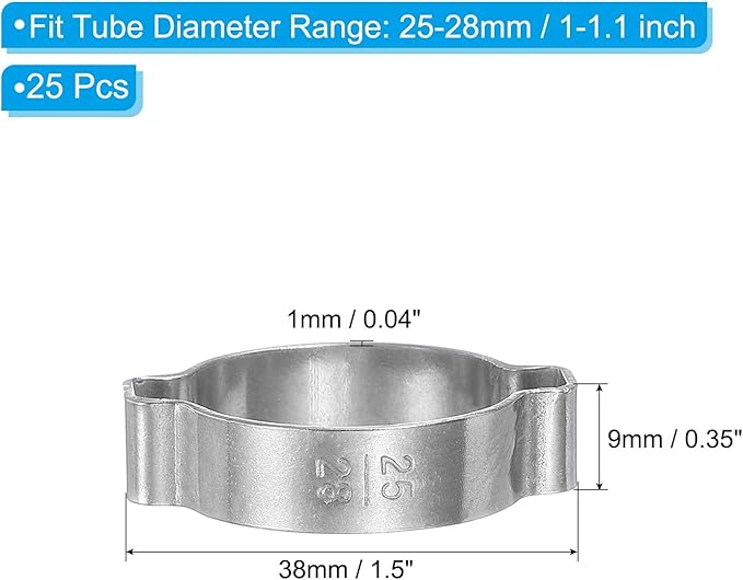 PATIKIL 25 Pack 25-28mm Double Ear Hose Clamp, 304 Stainless Steel O Clip Crimp Rings for Fuel Petrol Pipe Tube Fitting Connections, Silver Tone