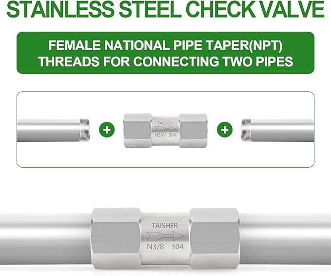 TAISHER 1PCS 304 Stainless Steel 3/8" NPT Female Check Valve,Backflow Prevention,One Way Non-Return Check Valves