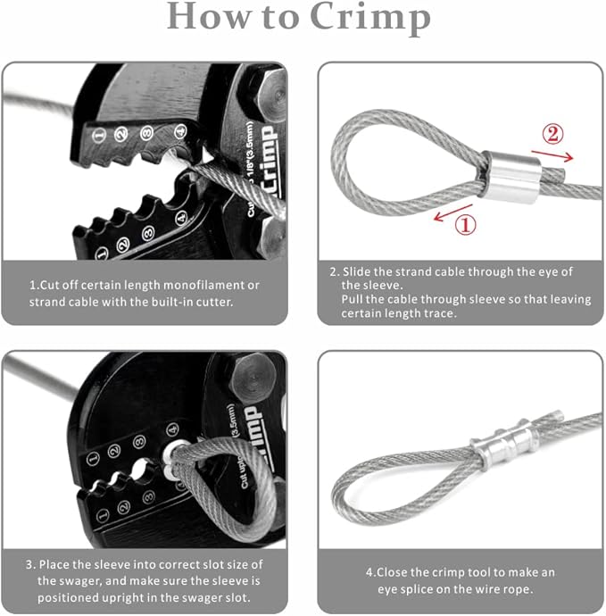 iCrimp Swaging Tool, Wire Rope Crimping Tools for Aluminum Copper Duplex Hourglass Sleeves, Stop Buttons and Ferrules with Built-in Cable Cutter Works from 3/64-inch to 1/8-inch