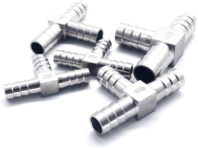 3/8" Tee Hose Barb Fitting Stainless Steel Equal Barb 3 Way T shaped Splitter Joint Connector Adapter Union Fitting for Fuel Gas Liquid Air (2Pcs)