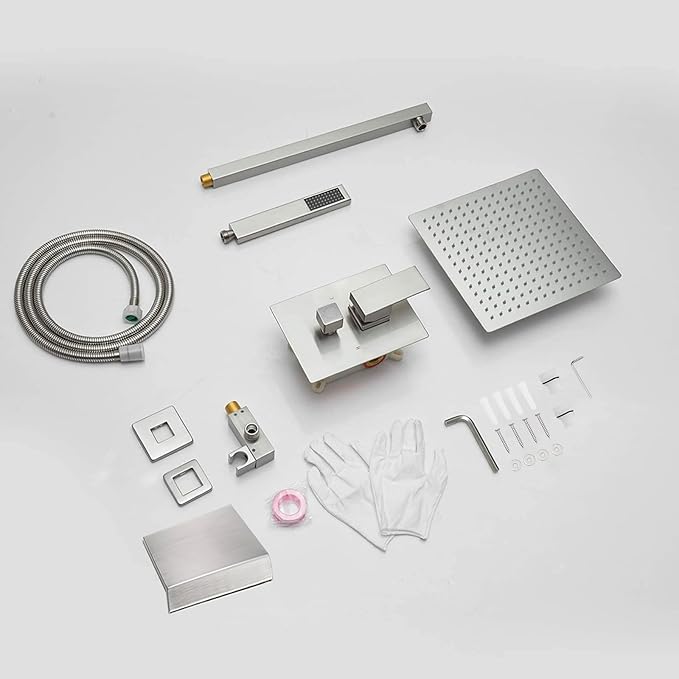 BWE Shower System with Waterfall Tub Spout Shower Faucet Set 10 Inch Square Brushed Nickel Rain Shower Head Bathroom Luxury Wall Mounted Shower Combo Set Rough-in Valve Body and Trim Included