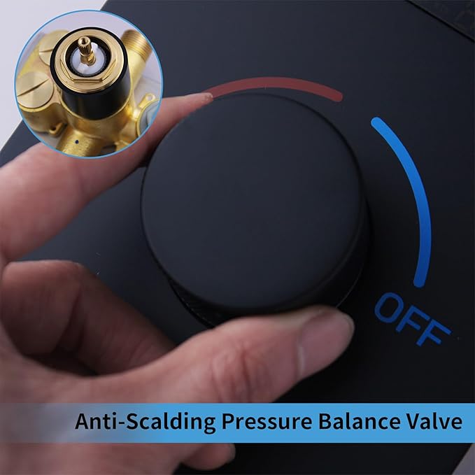 2 Function Shower Diverter with Temperature Display Solid Brass Shower Mixer Valve Pressure Balancing and Flow Control Bathroom Shower Diverter Valve，Matte Black