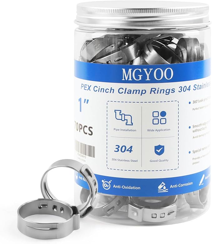 1 Inch PEX Clamps 70pcs Crimp Rings Single Ear Hose Clamps Stainless Steel Fittings Cinch Clamp Ring for Pipe Tubing