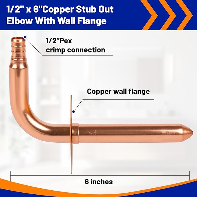 (Znkiok®10 Pack) 1/2 Inch Pex Fittings,Copper Stub Out Elbow With Wall Flange 1/2" x 6"，For Pex B and C Plumbing Systems,UPC,NSF/ANSI 61 Certified.