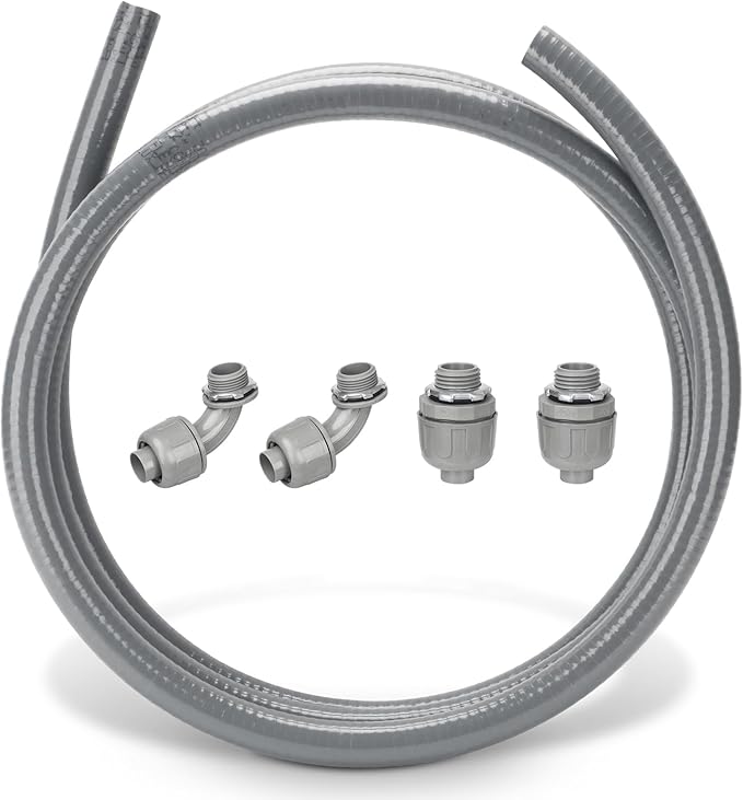 HOXHA 1/2 Inch 10 Ft Electrical Conduit Kit AC Whip Kit Flexible PVC Non Metallic Liquid Tight Conduit, Electrical Wire Conduit Pipe with Straight and 90-Degree Conduit Connector Fittings