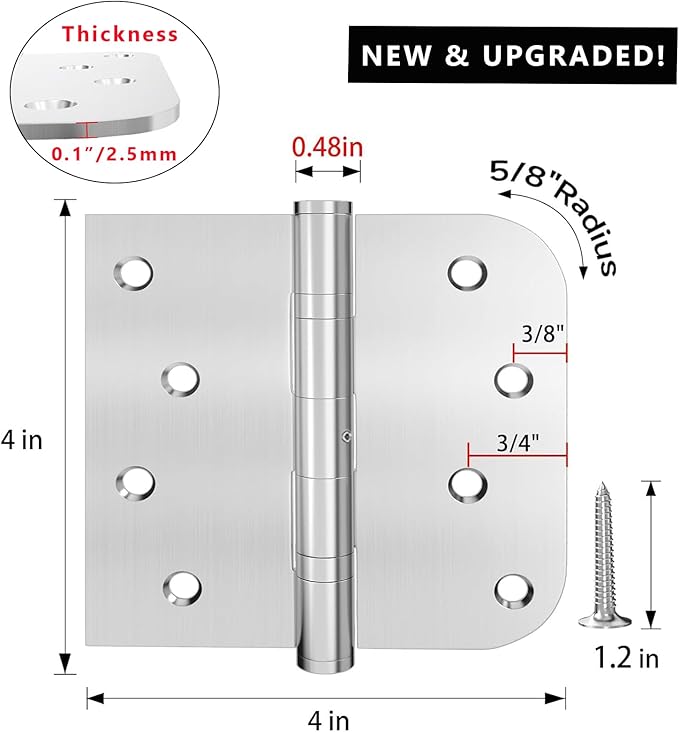 Ball Bearing Door Hinges, 4 x 4 Inches Door Hinges,3 Pack Stainless Steel Hinges with Square and 5/8'' Radius Corner, Heavy Duty Stainless Steel Hinges, Smooth and Quiet, Non Removable Pin