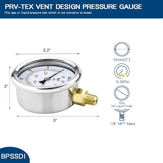30inHg Vacuum Pressure Gauge, Water Pressure Gauge, 2.5" Dial Size, 1/8" NPT Lower Mount, 304 Stainless Steel Case, for Pneumatic Air Compressor RV Regulator Valve Test(with Tape)