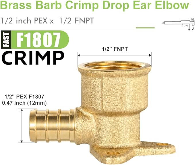 7 Pack Drop Ear Elbow Pex Fittings,1/2" PEX x 1/2" NPT Female Threaded Brass Barb Fittings, Full Port for PEX pipes, NSF/ANSI 61 NSF 372 Certificate, ASTM F1807 Certified