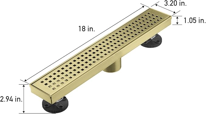 Linear Shower Floor Drain, Brushed Gold 18 Inch 304 Stainless Steel Bathroom Drains Kit, Long Rectangular Shower Trench Drain with Square Pattern Drain Cover & Hair Catcher