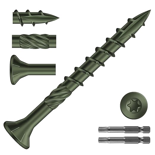 #8 x 1-5/8" Deck Screws (308Pcs) 2lb. Carbon Steel, Green, Flat Head, Rust Resistant epoxy Coated, with T25 Star Bit