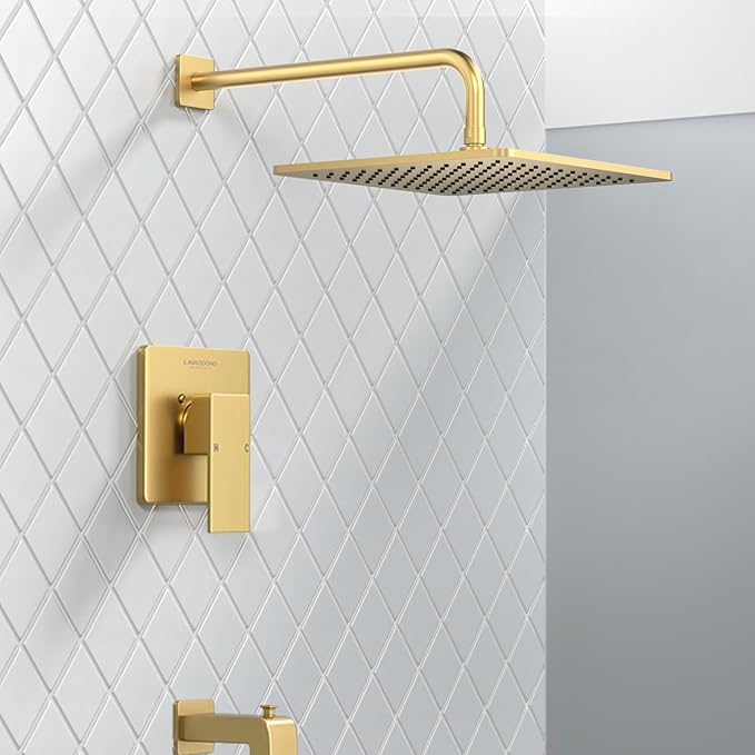 Lava Odoro 12-inch Square Bathtub and Shower Faucet Set Brushed Gold, Shower Trim Kit with Rough-in Valve High Pressure Gold Rainfall Shower Head and Handle Set, (Valve Included), SF106-SG-T