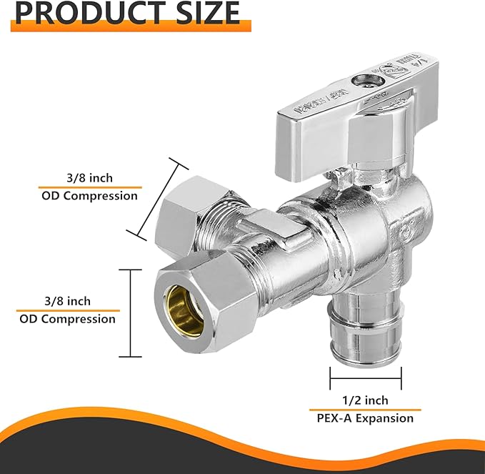 50-PCs HeSun PEX Expansion Inlet Angle Stop Valve, Quarter-Turn 1/2" PEX-A x 3/8" OD x 3/8" OD Compression, Dual Compression Outlet Shut Off Valve, Chrome Plated Brass, ASTM F1960(VALVE203-50)