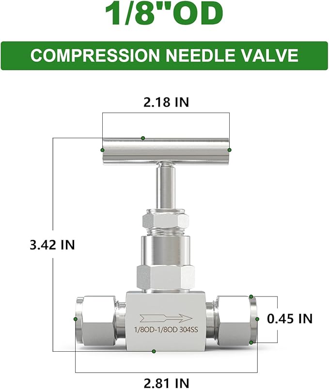 TAISHER 1PCS 304 Stainless Steel High Pressure Straight Needle Valve 1/8" Tube OD x 1/8" Tube OD For Flow Control Water Gas Oil