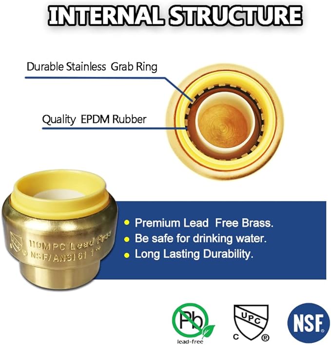 HQMPC 1" Push Fit PEX End Cap, Push-to-Connect, No lead Brass Plumbing Fittings for Copper, CPVC 6Pcs Disconnect Clip Included