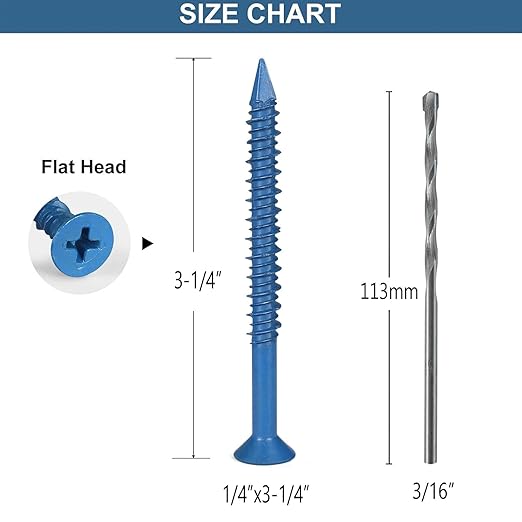 1/4 x 3-1/4 Inch 31Pcs Concrete Screws, Flat Head Screw Anchor with Drill Bit, for Masonry, Block, Brick, Cement, Stucco, Diamond Point