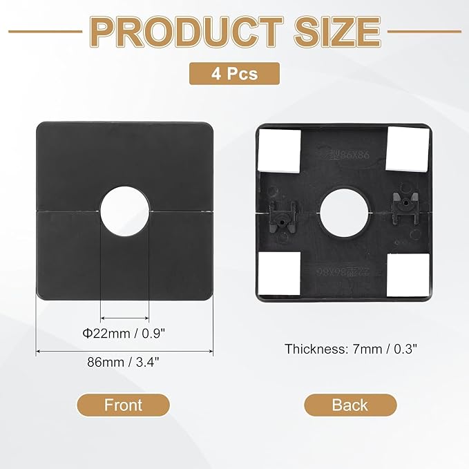 PATIKIL Wall Split Flange 86mm / 3.4" OD, 4 Pcs Square Escutcheon Plate Cover PPR Plumbing Cover Plates with Self-Adhesive Tape for 22mm / 0.9" Dia Water Pipe Faucet, Black