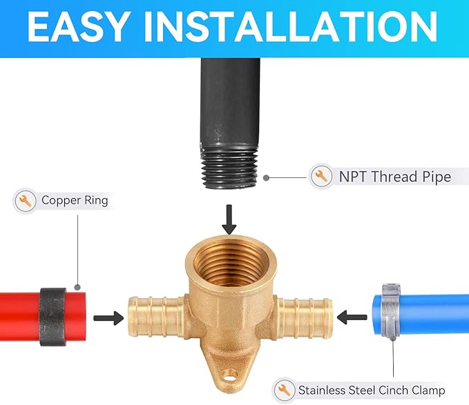 (Pack of 5) PEX Fittings,1/2 Inch x 1/2 Inch Female NPT Pex Drop Ear Tee,PEX Brass Fittings for Pex Pipe 1/2 Inch Fittings Connect