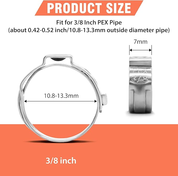 120pcs 3/8 inch PEX Cinch Clamps Rings, 304 Stainless Steel Single Ear Hose Clamps, Pex Crimp Rings for PEX Tubing Pipe Fitting Connections