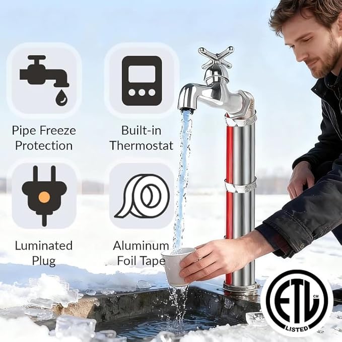 14 FT Heat Tape for Water Pipes Freeze Protection with Thermostat, Electric Heat Trace Pipe Heating Cable Energy-Saving 120V 7W/FT