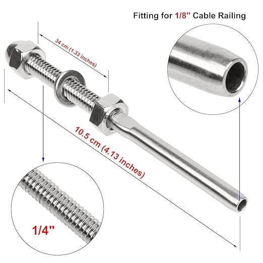 BLIKA 100 Pack 1/8" Cable Railing Swage Threaded Stud Tension End Fitting Terminal for 1/8" Deck Cable Railing Hardware, T316 Stainless Steel, Swage Threaded Terminal for 2"x2" Wood/Metal Posts
